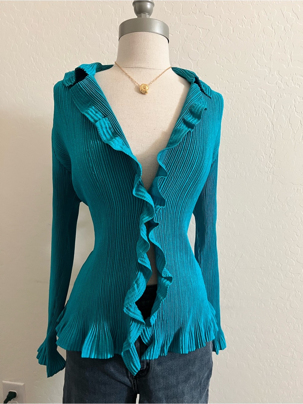 Chico's Teal Ruffled Ribbed Cardigan